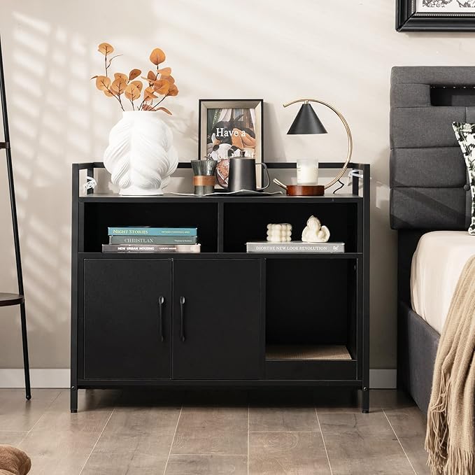 Giantex Cat Litter Box Enclosure - Cat Washroom Hidden Furniture with Front Entry, Scratcher, 2-Door Storage Cabinet, 2 Compartments, Air Vents, Metal Frame, Wooden Pet Crate House (Black)