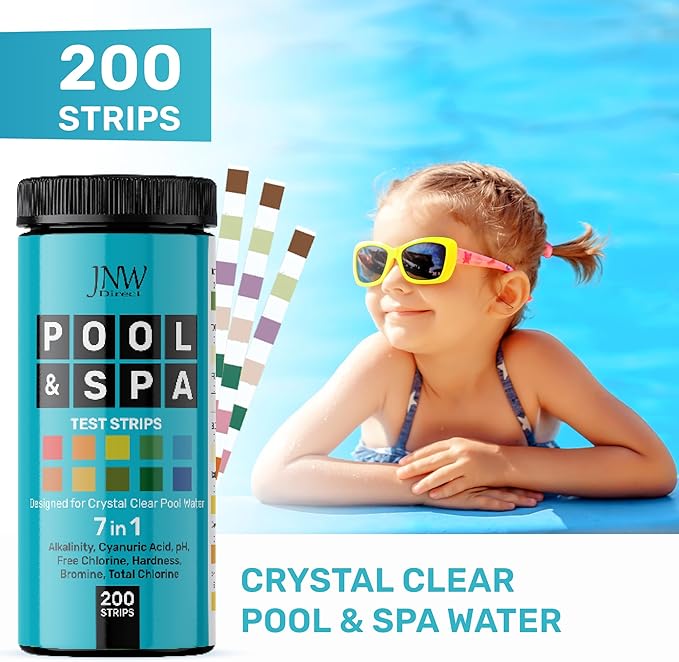 Pool Test Strips 7-in-1, 200 Quick and Accurate Pool and Hot Tub Test Strips - Pool Water Testing Kit for Chlorine, Bromine, pH, Hardness, More - All in 1 Swimming Pool Test Strips by JNW