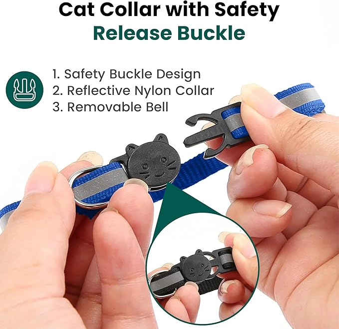 Cat Collar with AirTag Holders, 3-Pack, Reflective Breakaway Safety Collars, Bells and Matching Charms, Adjustable, Paw Hearts, Moon Stars Design, Lucky Charm, Blue