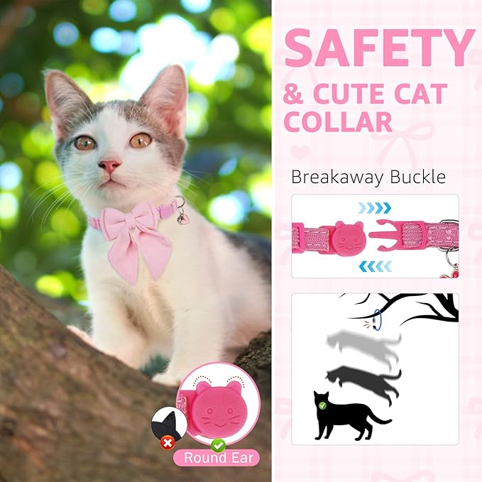SCENEREAL Cat Collar with Bell & Stylish Bowtie, Pink Breakaway Cat Collars Accessories for Boy Girl Small Cats, Holiday Kitten Costumes for Female Male Pets