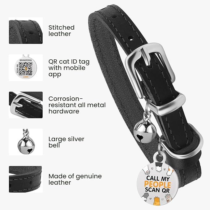 BRONZEDOG Leather Cat Collar with Removable Bells Non Breakaway Kitten QR Tag for Girl Boy (7" - 9" for Cats, Black & Silver) (Pack of 2)