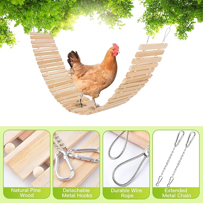 Jorewood Chicken Coop Toy Natural Wooden Chicken Swing & Bridge Toys Multi-Functional Poultry Perch with Wooden Beads (Safe for Chickens/Ducks)