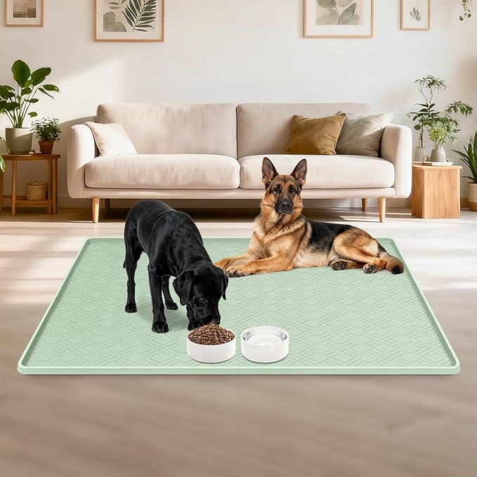 Lanstics Dog Food Mat, 42" x29" Large Silicone Mat Dog Feeding Mat with Raised Edge Non-Slip Pet Feeding Mat for Food and Water Bowl, Easy to Clean, Floor Protection (Light Green)