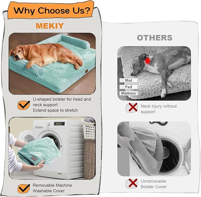 Orthopedic Washable Large Dog Bed, Dog Beds with Removable Cover, Large X XL Pet with Bolster, Washable Aqua Blue Sofa with Orthopedic Egg Foam for Medium Large Dogs