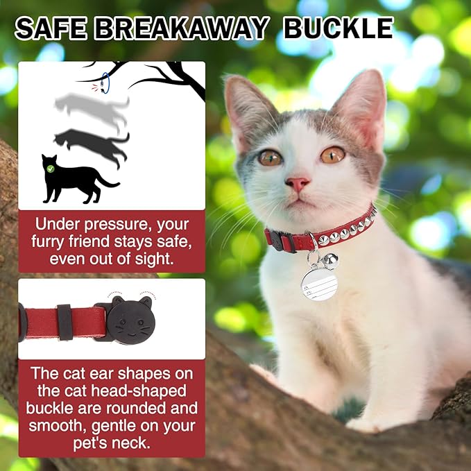 Leather Personalized Breakaway Cat Collar with Studded Bell and Safety Quick Release Buckle - Rivets Studded ID DIY Collars for Boy Girl Cats Kittens, 9" - 11.5" Red