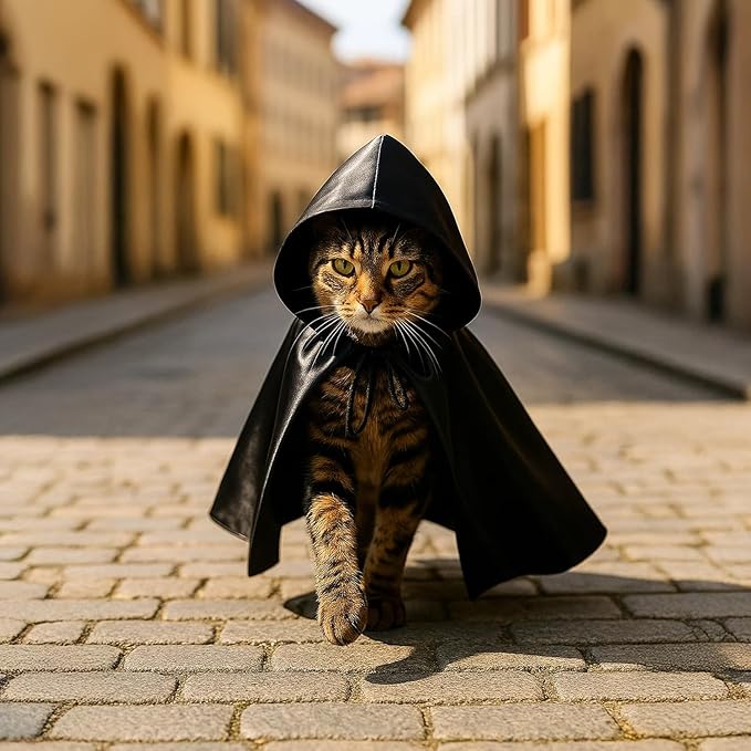 Black Cat Cloak with Hood for Indoor Cats, Funny Superhero Cosplay Halloween Costume for Pets, Cute Cape for Party Photos and Dress-Up – Big/Middle Size (Black)