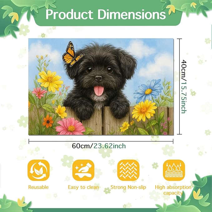 Spring Pet Feeding Mat 24" x 16"Puppy and Butterfly Floral Garden Design Non Slip Cat and Dog Bowl Mat Easy Clean Pet Food Mat Pet Placemat for Dog and Cat Feeding Area Kitchen Floor Decor