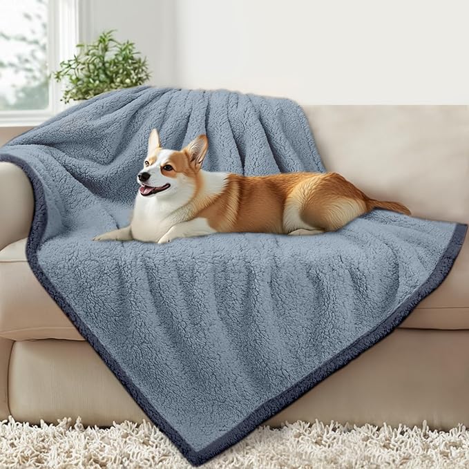 Luciphia Waterproof Pet Blanket for Medium Large Dogs Soft Cat Sherpa Calming Thick Cover Leakproof Cozy Puppy Sofa Bed Car Couch Protector(Blue/Navy,63x50 inches)