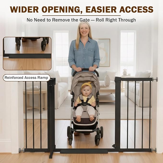 Mumeasy 29.7–51 Inch Extra Wide Baby Gate for Stairs, Extra Long Indoor Dog Gate for Doorways, Pressure Mounted Walk Thru Child Gate with Auto-Close, No-Drill Safety Pet Gate with Door for House,Black