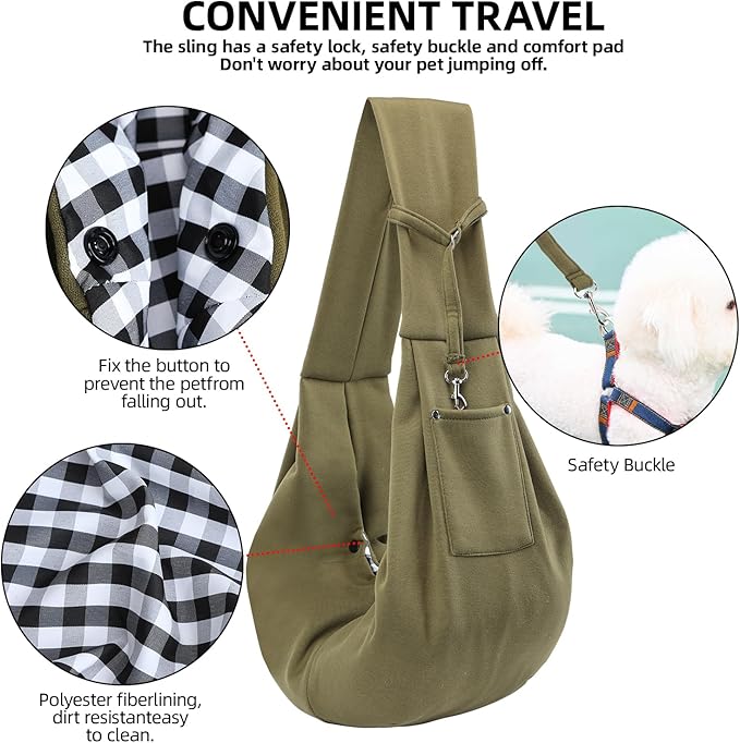 Dog Carrier Sling - Reversible Puppy Carrier Purse with Storage Pocket, Hand-Free Dog Sling Carrier for Carry Small Dogs and Cats, Travel Safety Harness, Dog and Cat Harness (Green)