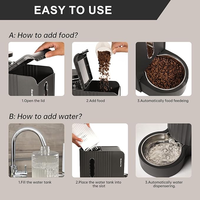 Gardner Pet Gravity Automatic 2-in-1 Pet Feeder, 0.8 Gallons*2 Cat Feeder and Water Dispenser Set, 100% BPA-Free and Stainless Steel Water Bowl for Dogs, Cats, Rabbits, Puppies (Black)
