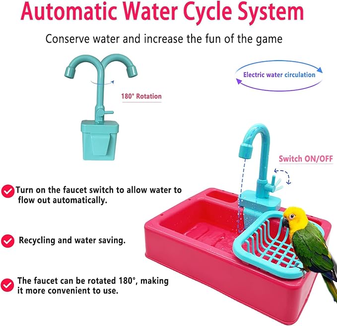 kathson Parrot Bathtub,Automatic Bird Shower Box,Multifunctional Parakeet Bathtub with Faucet,Bird Bathing Tub Pool Toy for Small Medium Birds Cockatiel Lovebird Budgie（Red-Orange）