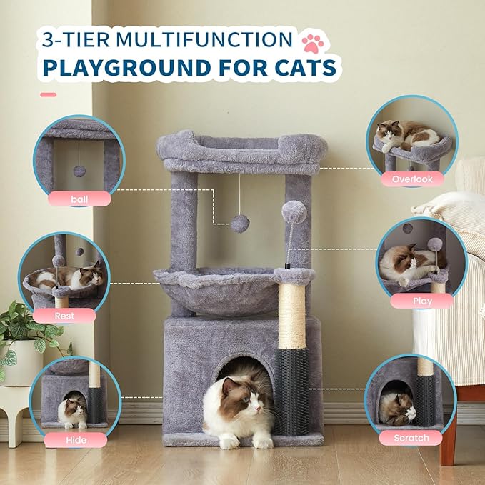 Cat Tree for Indoor Cats, 32 Inch Tall Cat Tower with Hammock, 2 Condos, Plush Perch & Sisal Scratching Posts, Multi-Level Kitten Activity Center for Small Medium Cats, Grey