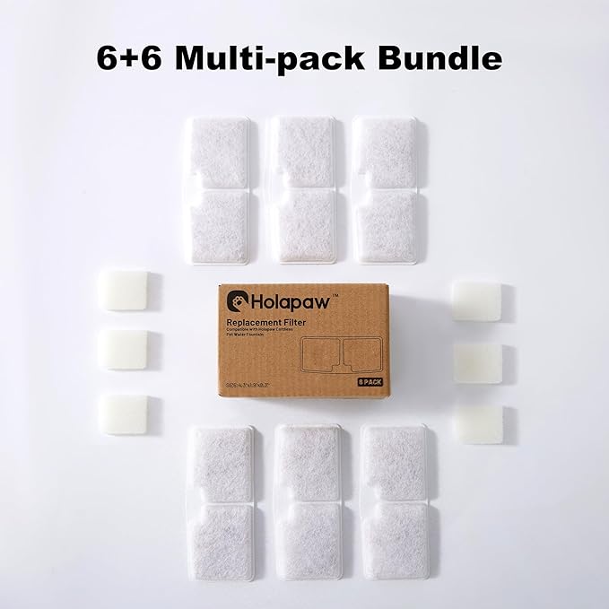 6 Pack Cat Water Fountain Filters, Replacement Filters Compatible for 128oz/3.78L Wireless Stainless Steel Pet Water Dispenser, 6 Filters + 6 Sponges