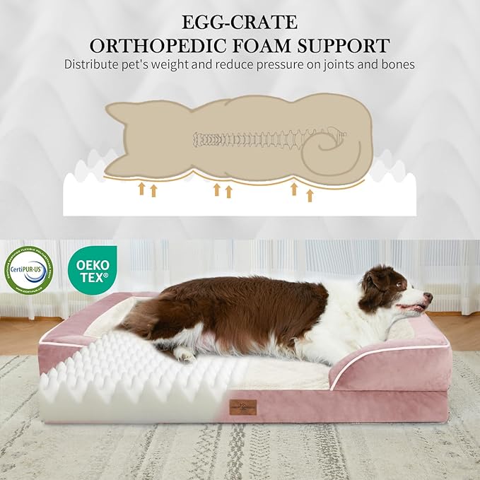 Comfort Expression Orthopedic Dog Bed for Extra Large Dogs 45x35 Inch, Waterproof Supportive Egg Crate Foam XL Pet Bed with Removable Bolsters, Dog Couch with Washable Cover & Non-Slip Bottom, Pink