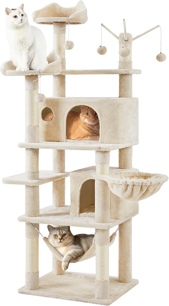 Yaheetech Cat Tree, 67in Large Tower w/ 3 Removable Teaser Sticks, 2 Kitten-Ear Shaped Perches, 2 Condos, Hammock, Scratching Post, Multi Level Pet House, Beige