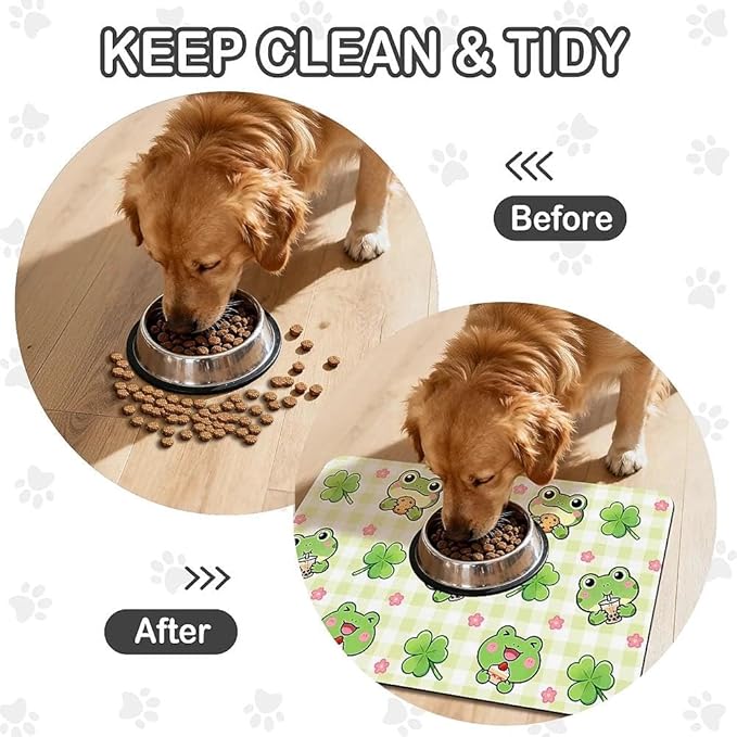 Dog Food Mat for Pet Cat Food Mat, Cute Frog Absorbent Quick Dry Dog Bowl Mats for Food and Water, Non-Slip Cat Pet Feeding Mats for Floor Placemats 12"x20"