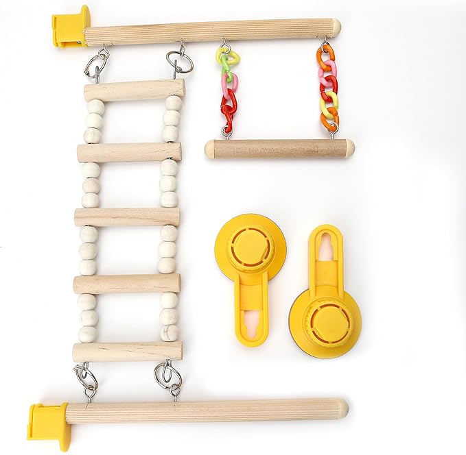 Wood Window Bird Perch Toy with Suction Cup, Climbing Ramp Ladder Platform, Enrichment Accessories Stuff for Parrot, Parakeet, Budgie, Cockatiel, Finches to Playstand Bath Car, Love Travel Inside Cage