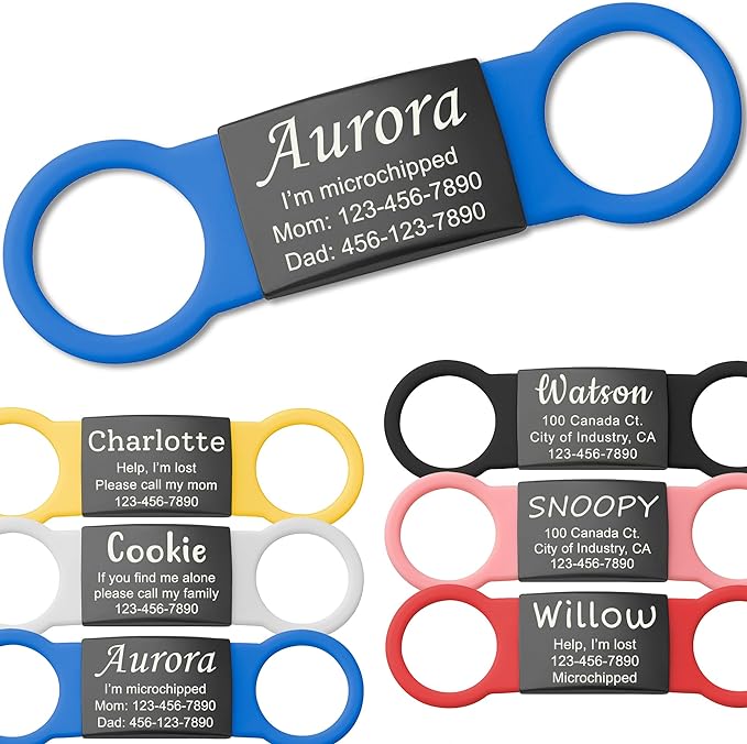 Anavia Slide On Silent Pet ID Tags, S/M/L/XL Personalized Black Stainless Steel Colored Silicone Cat Dog Name Tag, Customized Engraved Nameplate, Quiet Chew-Proof Pet Collar Tag (Blue, Small)
