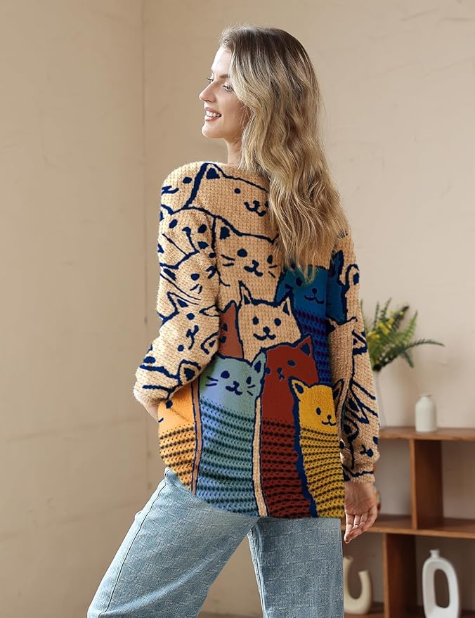YESNO Women Christmas Sweater Graphic Printed Oversized Pullover Sweaters Casual Loose Knit Tops S01