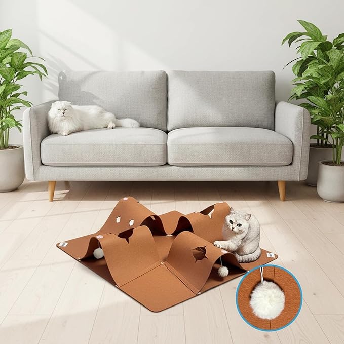 Interactive Cat Tunnel Mat for Indoor Cats, 4-Way Felt Cat Cave with Hanging Ball, Foldable Kitty Play Mat and Hideout, Pet Enrichment Toy for Kittens, Rabbits, Small Pets