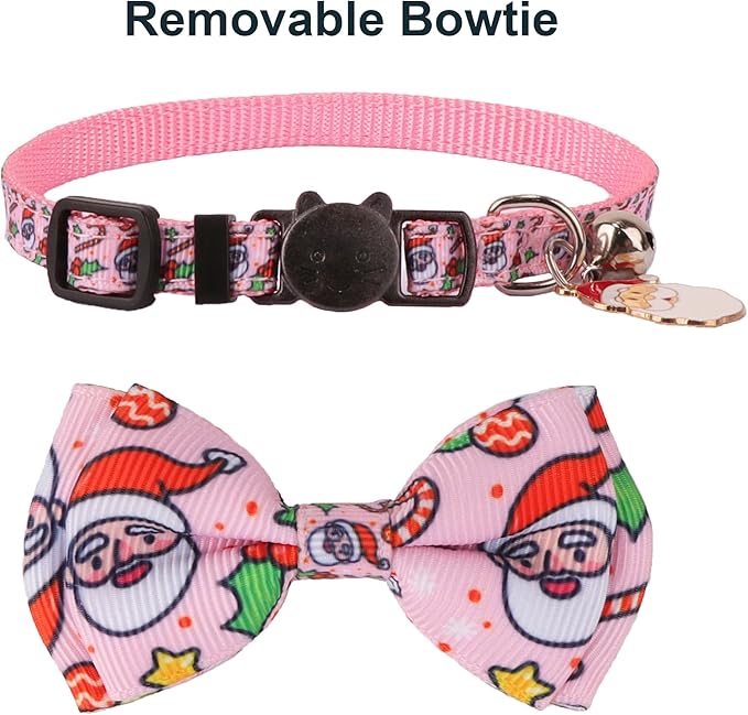 ADOGGYGO Pink Christmas Cat Collar with Removable Bowtie Bell, 2 Pack Pink Santa Gingerbread Man Christmas Collars for Female Cat Kitten