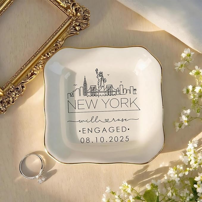 Custom City Skyline Engaged Ring Dish, Engagement Ring Holder, Custom Wedding Jewelry Dish, Jewelry Tray Gifts for Newly Engaged Couple, Trinket Dish Gift for Her Bride Wife