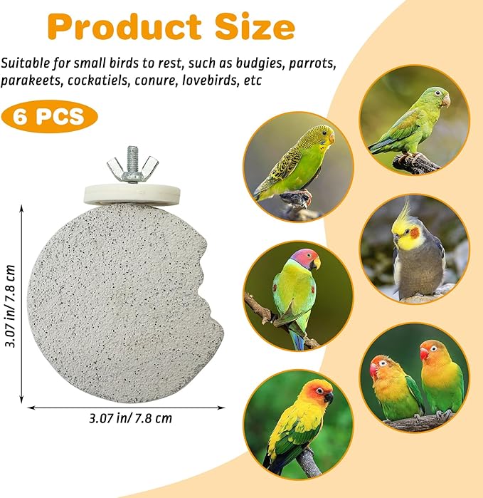 PINVNBY 6 PCS Bird Perch Parrot Beak Grinding Stone Calcium Mineral Parrot Perch Foot Claws Trimmer Chewing Toy Bird Cage Accessories for Small Medium Budgie Cockatiel Conure Lovebird (Lune)