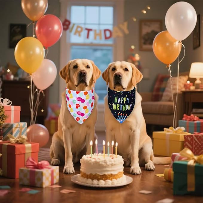 Dog Birthday Bandanas, 2-Pack Reversible 4 Patterns for Large X-Large Dogs - Black Boy & White Girl Birthday Scarf, Party Outfit Gift for Pups (18-23" Neck)