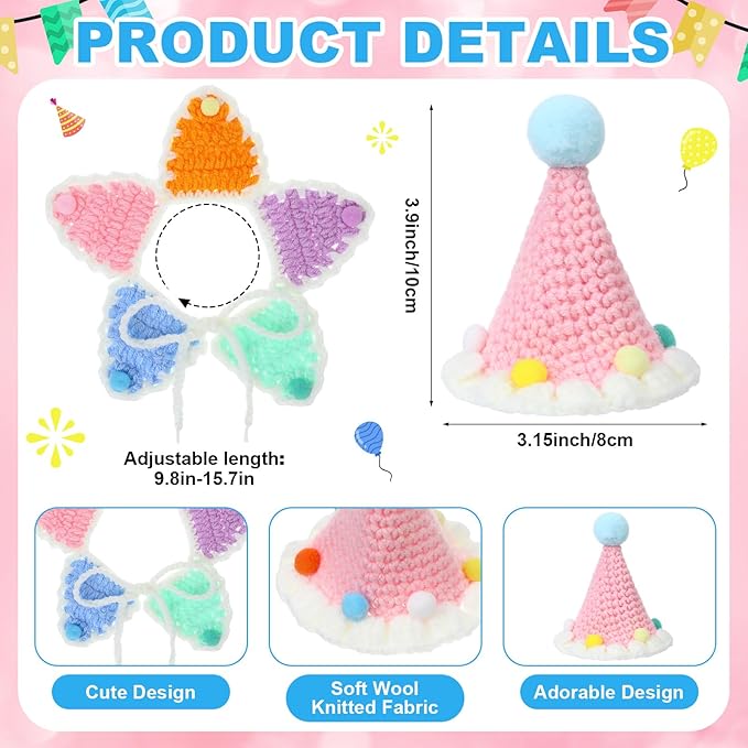 Sanwuta 2 Pcs Cat Birthday Party Supplies, Knit Cat Hat Kitten Birthday Bib Knit Bandana Pet Party Costume Headwear Accessories for Puppy Kitten Small Dogs Animals(Multicolor)