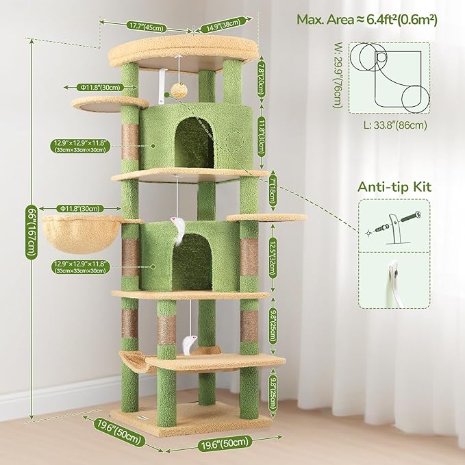 Globlazer Cactus Corner Cat Tree Tower for Large Cat, 66inch Tall Large Cat Tree Condo for Multiple Indoor Cats with 6 Scratching Posts, 2 Spacious Cat Condos, Soft Hammock, Hanging Basket, C66, Green