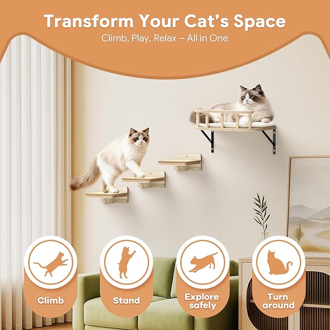 17" × 13" Large Cat Wall Shelves- Wall Climber Wooden Furniture Cat Shelf with Cushion and 3 Wide Perch Steps for Large Cats and Kittens Sleeping, Playing, Climbing