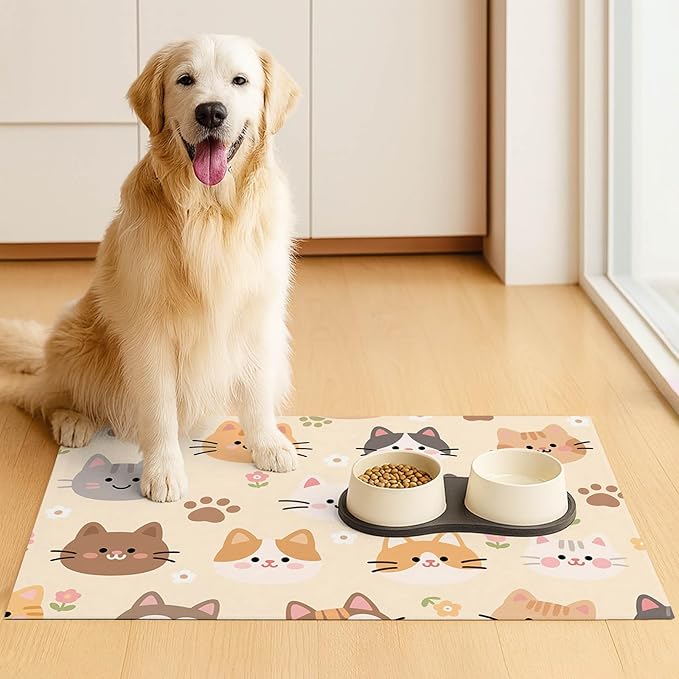 Cat Feeding Mat 24x16 inch Beige Kitten Print Pet Bowl Placemat Non Slip Floor Mat for Food and Water Indoor Kitty Feeding Station Cute Meal Pad for Small Pets Kitchen Use
