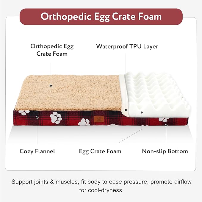 Waterproof Orthopedic Dog Bed for Extra Large Dogs 41x27x4 Inch - Egg Crate Foam Pet Crate Bed with Removable Washable Cover, Plush Top Anti-Slip Bed Mat, Christmas Red