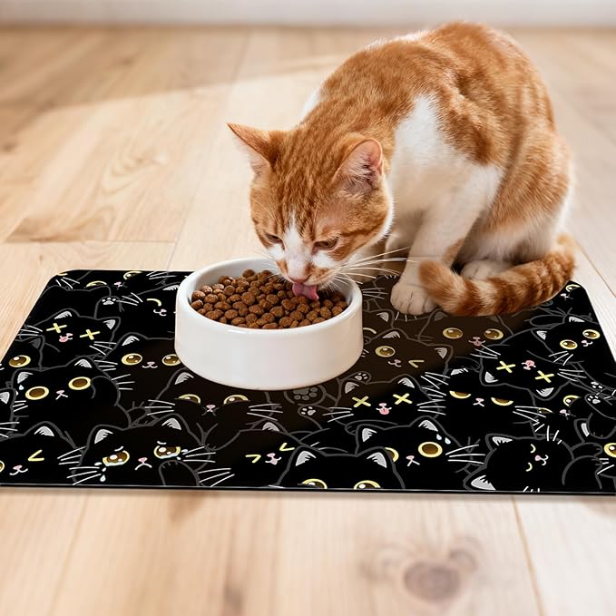 Cat Food Mat for Pet Dog Food Mat, Black Cat Absorbent Quick Dry Dog Bowl Mats for Food and Water, Non-Slip Cat Pet Feeding Mats for Floor Placemats 12"x20"