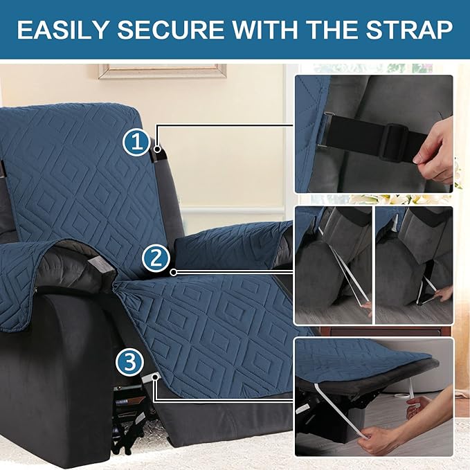 H.VERSAILTEX Reversible Quilted Recliner Covers Water Resistant Furniture Protector for Reclienr Chair with Elastic Straps for Pets Kids Sitting Width Up to 22"(Recliner, Dark Blue/Beige)