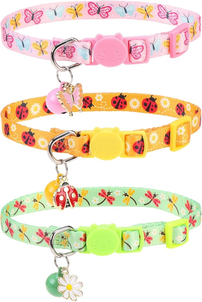 Breakaway Cat Collars with Bell & Cute Pendants, 3 Pack Safety Buckle Kitten Collars, Adjustable Pet Collar Ideal for Girl Boy Cats Puppy (Style A - Insect)