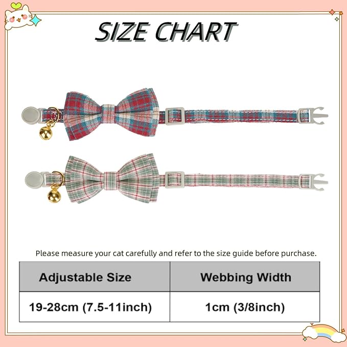 2 Pack Soft Cotton Cat Collars with Bowtie and Bell Breakaway Plaid Cat Kitten Collar(Red and Green)