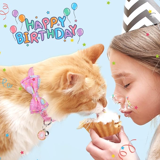 SCENEREAL Cat Bandana Collar for Birthday - 2 Pack Breakaway Kitten Collars With Bell Bowtie, Accessories for Pets, Adjustable Cute for Cats and Small Dogs Boys Girls, (Pink)