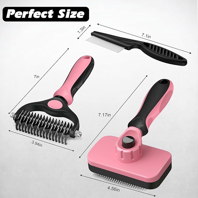 3PCS Self Cleaning Slicker Brush & Pet Grooming Rake & Flea Comb for Dogs,Cats and Horses | Double-Sided Dematting Comb & Skin Friendly Deshedding Grooming Tool | Pet Supplies (Light Pink Black)