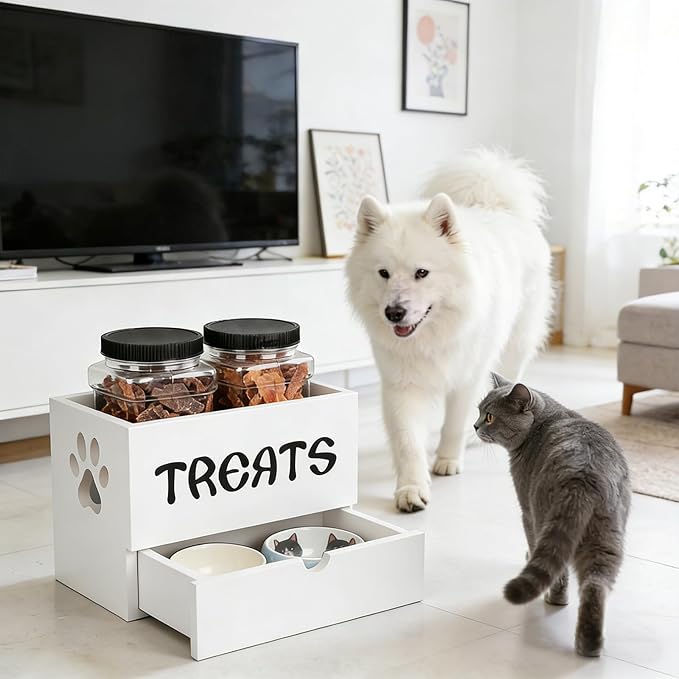 Dog Treat Jar for Countertop, 9.8 * 5.1 * 6'' 2 Layer Dog Treat Container with Drawer 2Jars and Sticker Wooden Pet Food Organizer Storage Basket For Pets Great Gift for Pets' Owners (White)