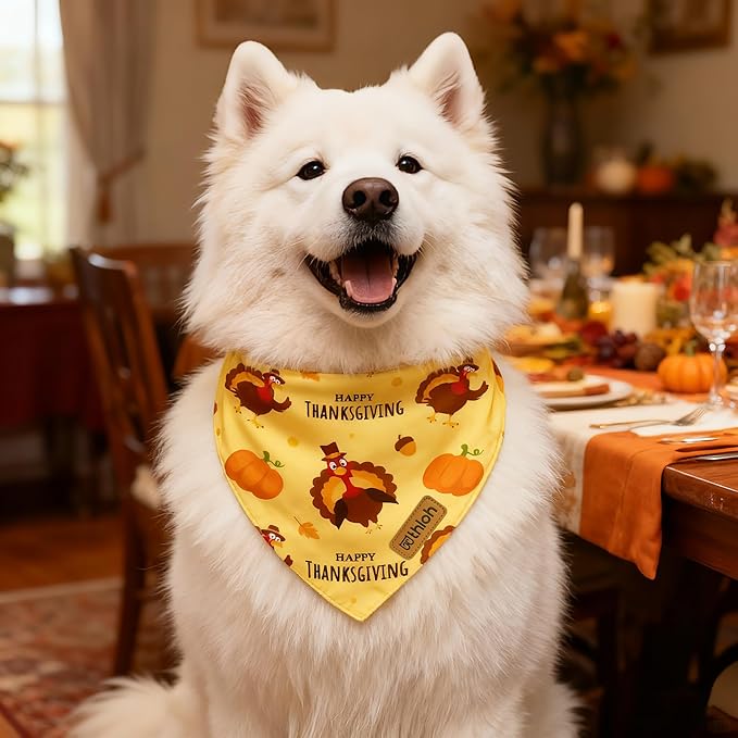 Thanksgiving Dog Bandanas with Snap Button, 2 Pack Adjustable Fall Bandanas for Small, Medium, and Large Dogs, Pumpkin Pet Scarf for Autumn Costume Accessory & Photo Shoot (Large)