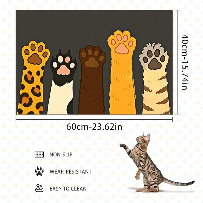 Cute Animal Paw Print Cat Food Mat Easy Clean Fast Dry Pet Feeding Mat for Pets Feeding Area Kitchen Floor Funning Pet Mat for Dog Food and Water Bowls 24" x 16"