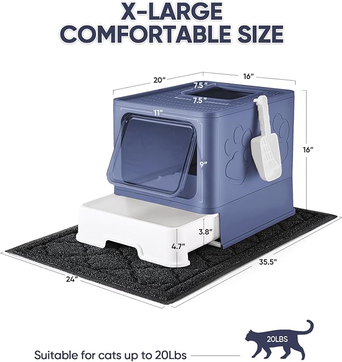 Cat Litter Box with X-Large Litter Mat and Scoop, Large Covered Litter Box with Lid, Enclosed Kitty Box,Front Top Entry Exit, Odor Control Easy to Clean (Upgrade Midnight)