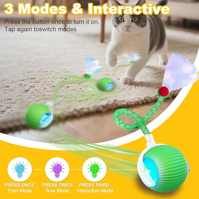 Interactive Cat Toys Ball for Indoor Cats＆Dog,Automatic Cat Toy 360° Auto-Rotation Smart Obstacle Avoidance,Includes 1 Speedy Tail 2.0 Ropes,Cat Enrichment Toys for Indoor Cats (Green)