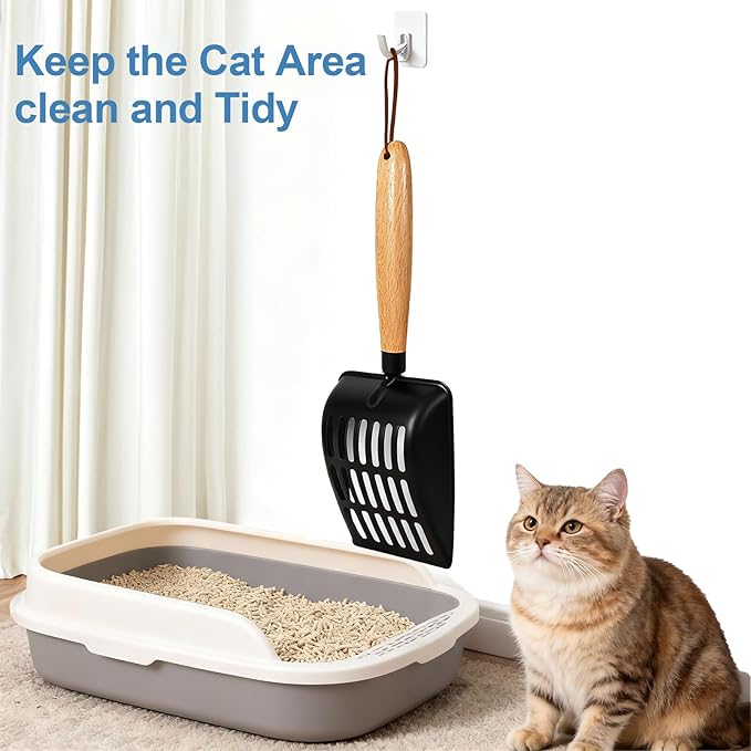 Cat Litter Scoop, Metal Litter Scoop, Heavy Duty Metal Cat Scooper for Litter Box, Black Sifter Scoop for Pellets, Wooden Handle Scoop with Hole, Kitty Necessity (9.8" Handle)