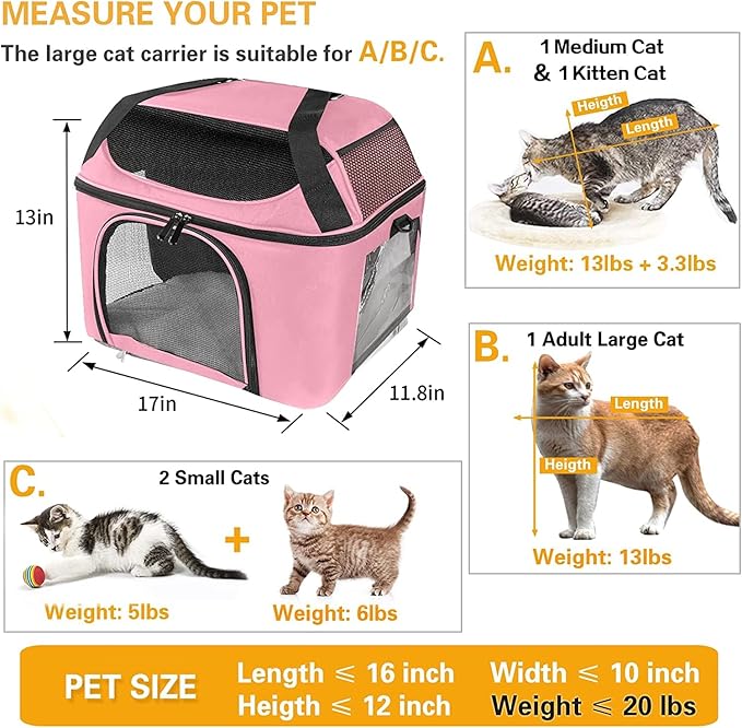 Cat Carrier Backpack Pet Carrier for Cats & Small Dogs Under 20 lbs TSA Airline Approved Soft Sided Collapsible Travel Carrier with Ventilation Windows, Pink