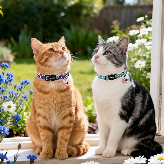 2 Pack Green Flower Cat Collars Breakaway with Bell, DOGWONG Safety Buckle Blue Floral Cute Cat Collar for Girl Boy Cats，Adjustable 7-12 Inch