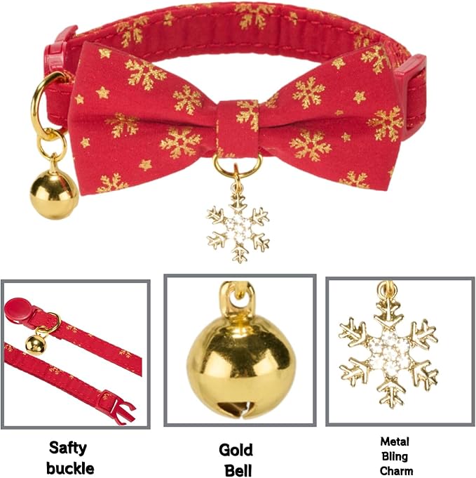 2 Pack Christmas Cat Collar with Bell and Bowtie,with Bling Snowflake Charm and Printing Pattern, Safety Breakaway Clasp, Adjustable for Kitten and Cats Green and Red.