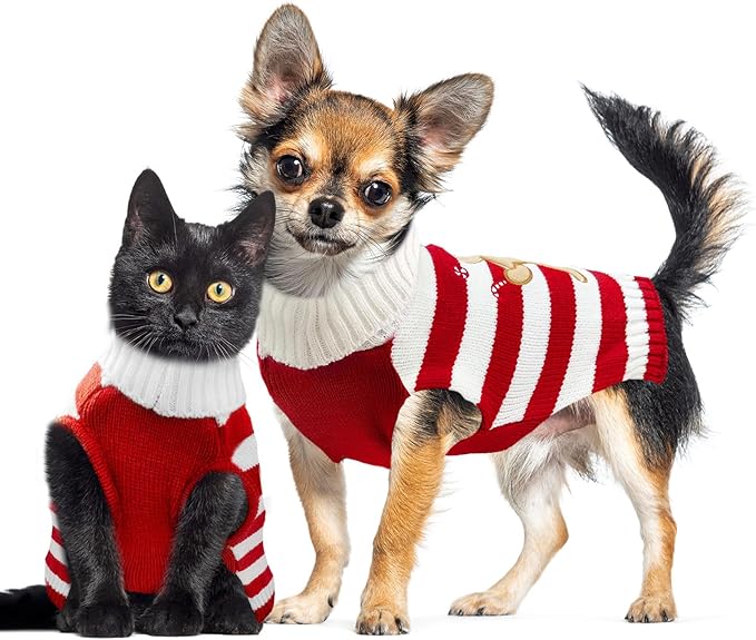 Dog Christmas Sweater Xmas Pet Clothes Cute Striped Gingerbread Man Costume Holiday Puppy Cat Jumpers Outfits New Year Gifts for Small Medium Large Dogs(Red Gingerbread Man,XS)